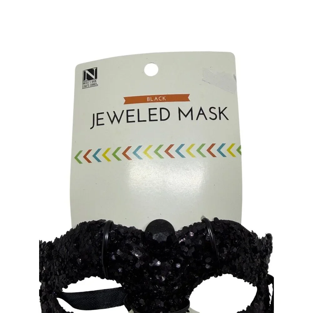 NWT Nicole's Basic Crafts Black Jeweled Masquerade Mask Mardi Gras Party Elegant